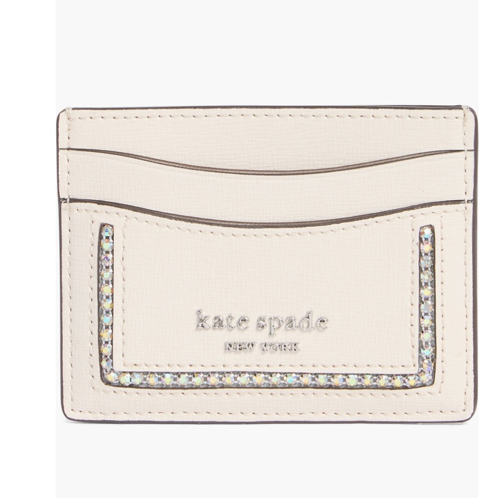 Kate Spade Morgan crystal inlay Saffino leather card wallet in Parchment NWT